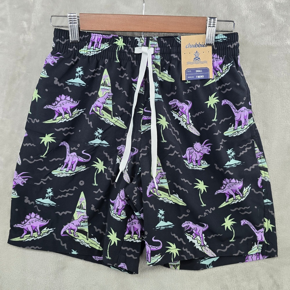 Chubbies Swim Trunk Mens Small Black History Lessons Surfing Dinosaur 7" Inseam
